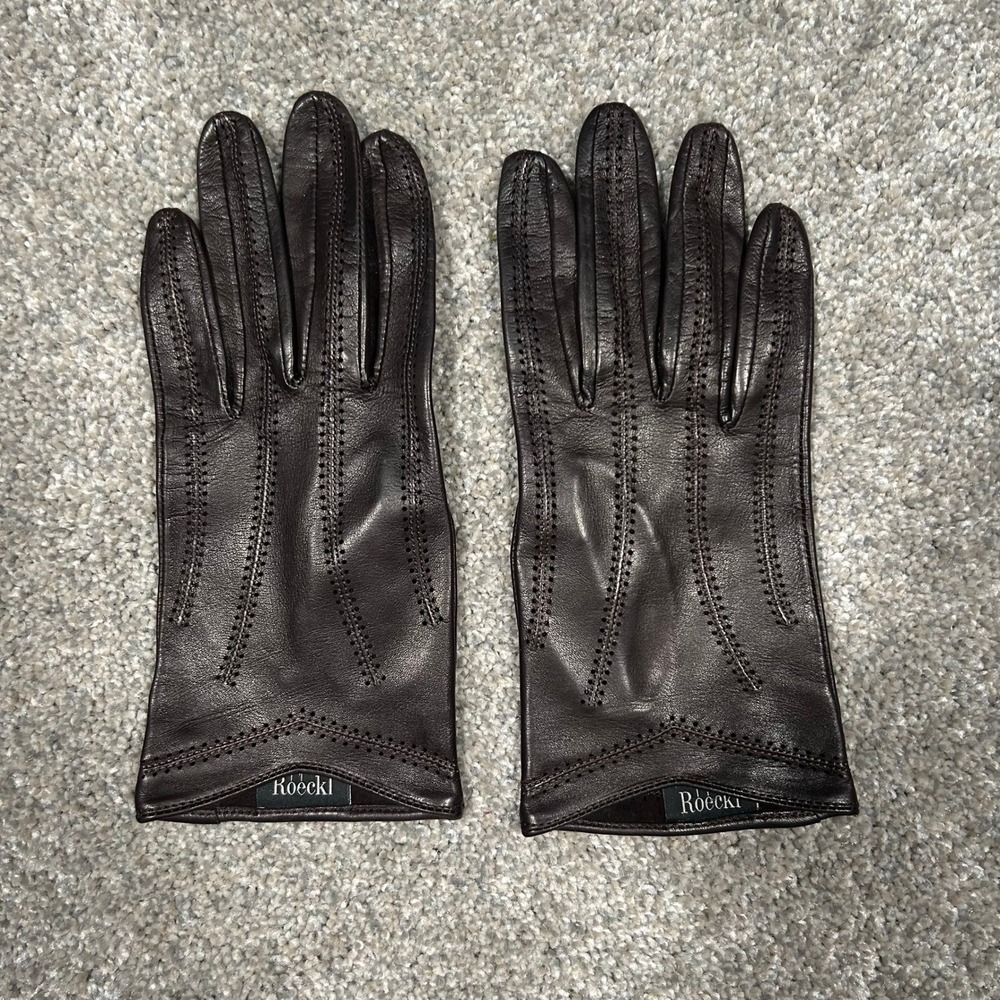 Roeckl Womens Dark Brown Leather Gloves Perforated Pointelle Size Small